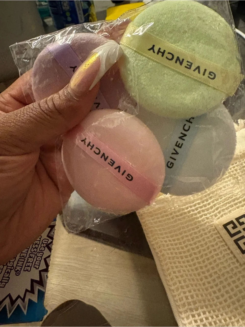 Givenchy Pastel Makeup Puffs in Pink, Lilac, Green, and baby blue with bag